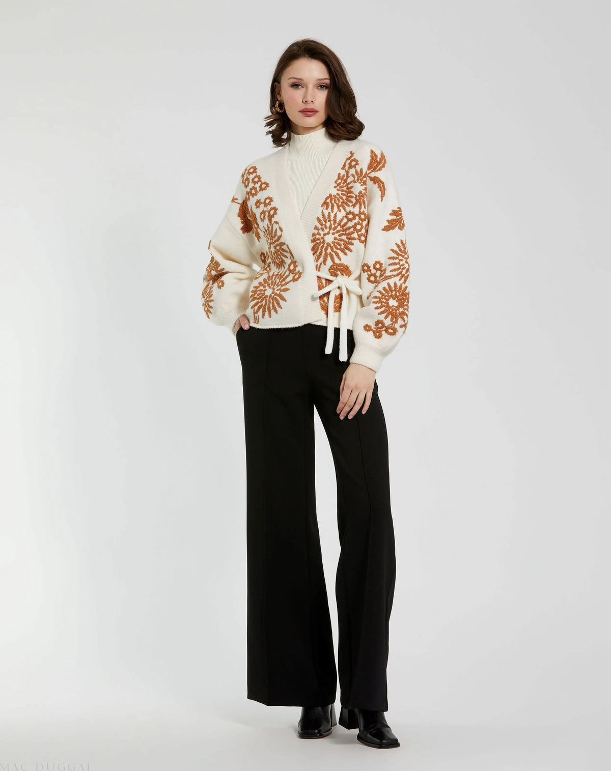 Women's White Cropped Knit Cardigan With Floral Details