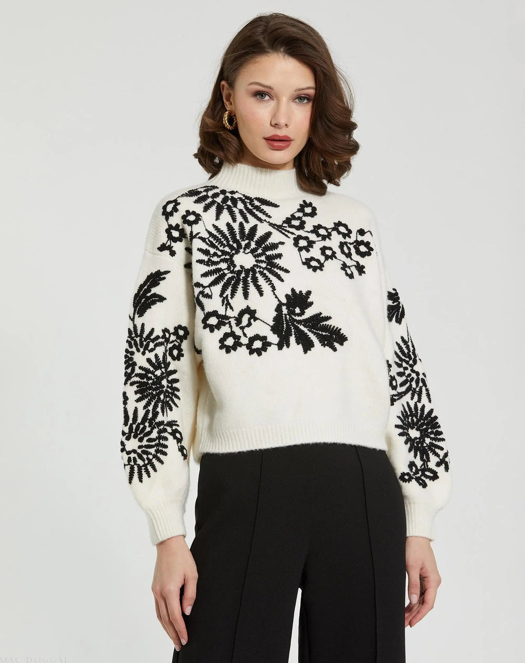 Women's White Balloon Sleeve Cropped Mock Neck Knit Sweater