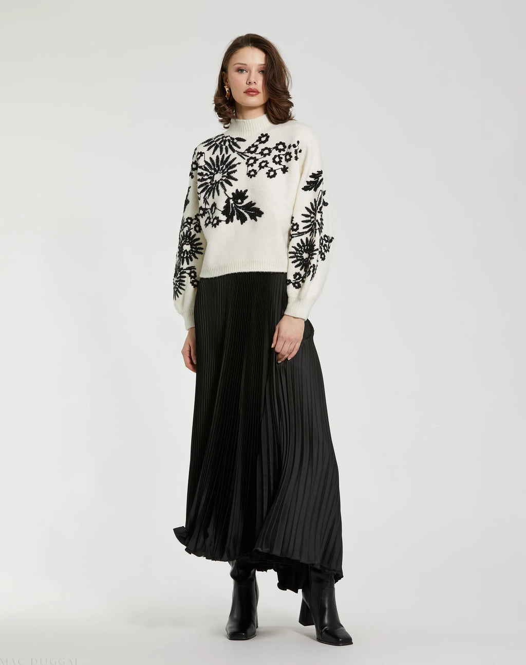Women's White Balloon Sleeve Cropped Mock Neck Knit Sweater