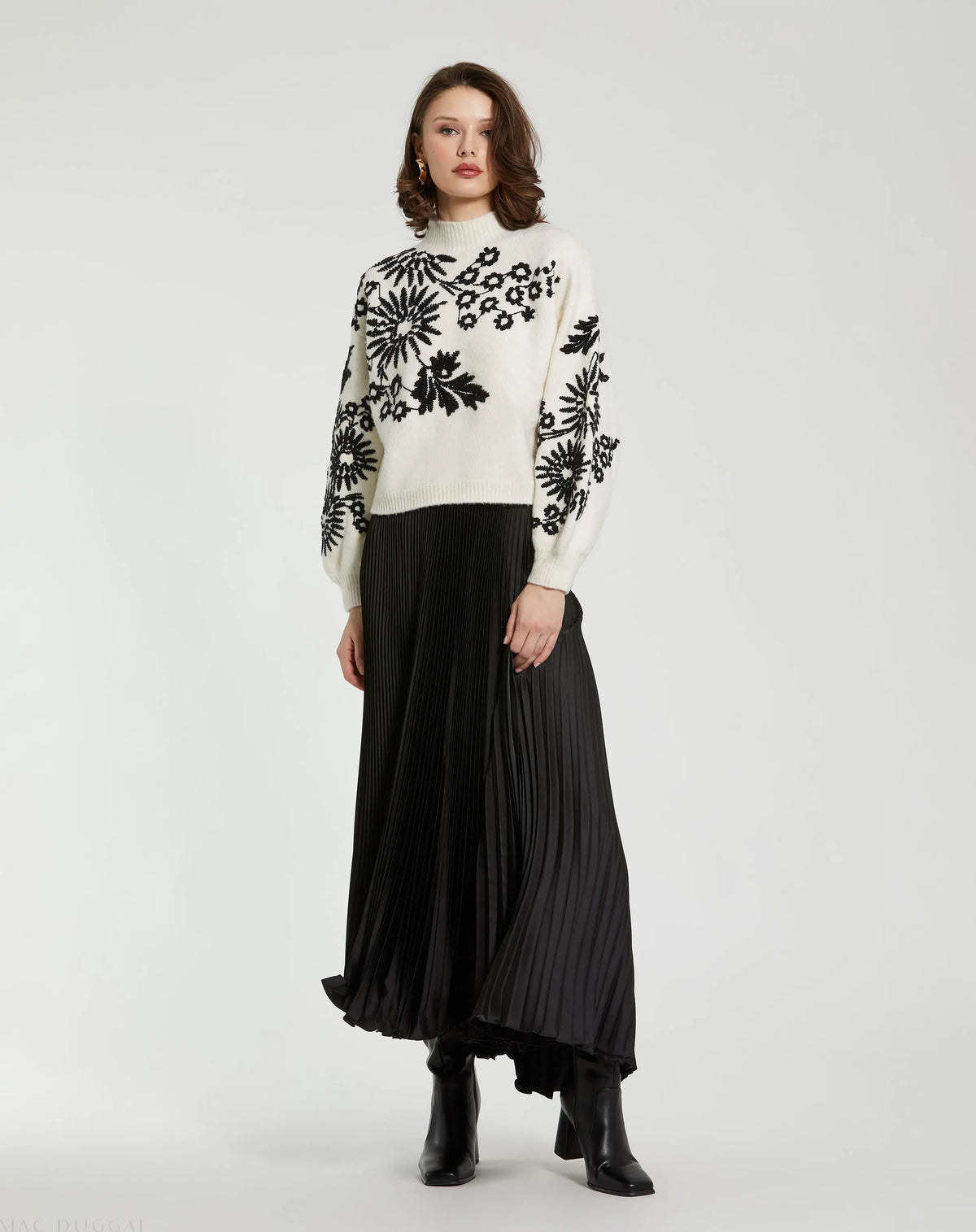 Women's White Balloon Sleeve Cropped Mock Neck Knit Sweater