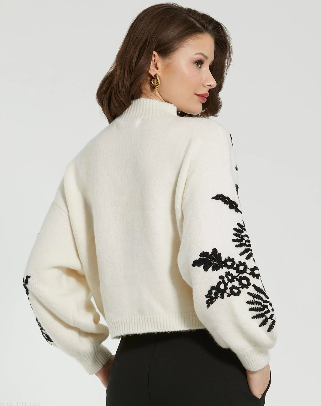 Women's White Balloon Sleeve Cropped Mock Neck Knit Sweater