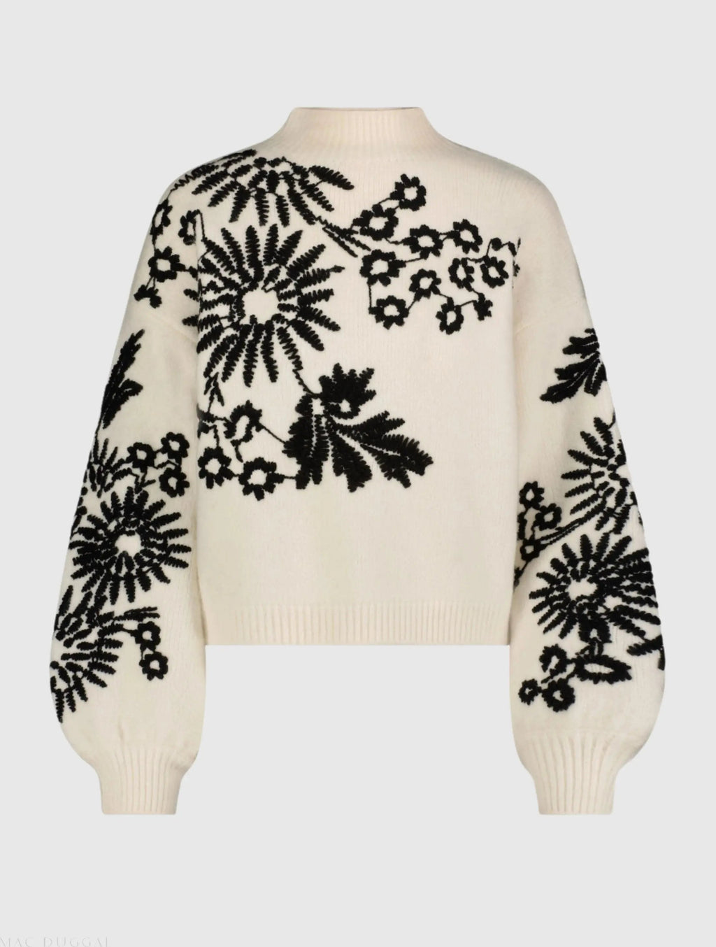 Women's White Balloon Sleeve Cropped Mock Neck Knit Sweater