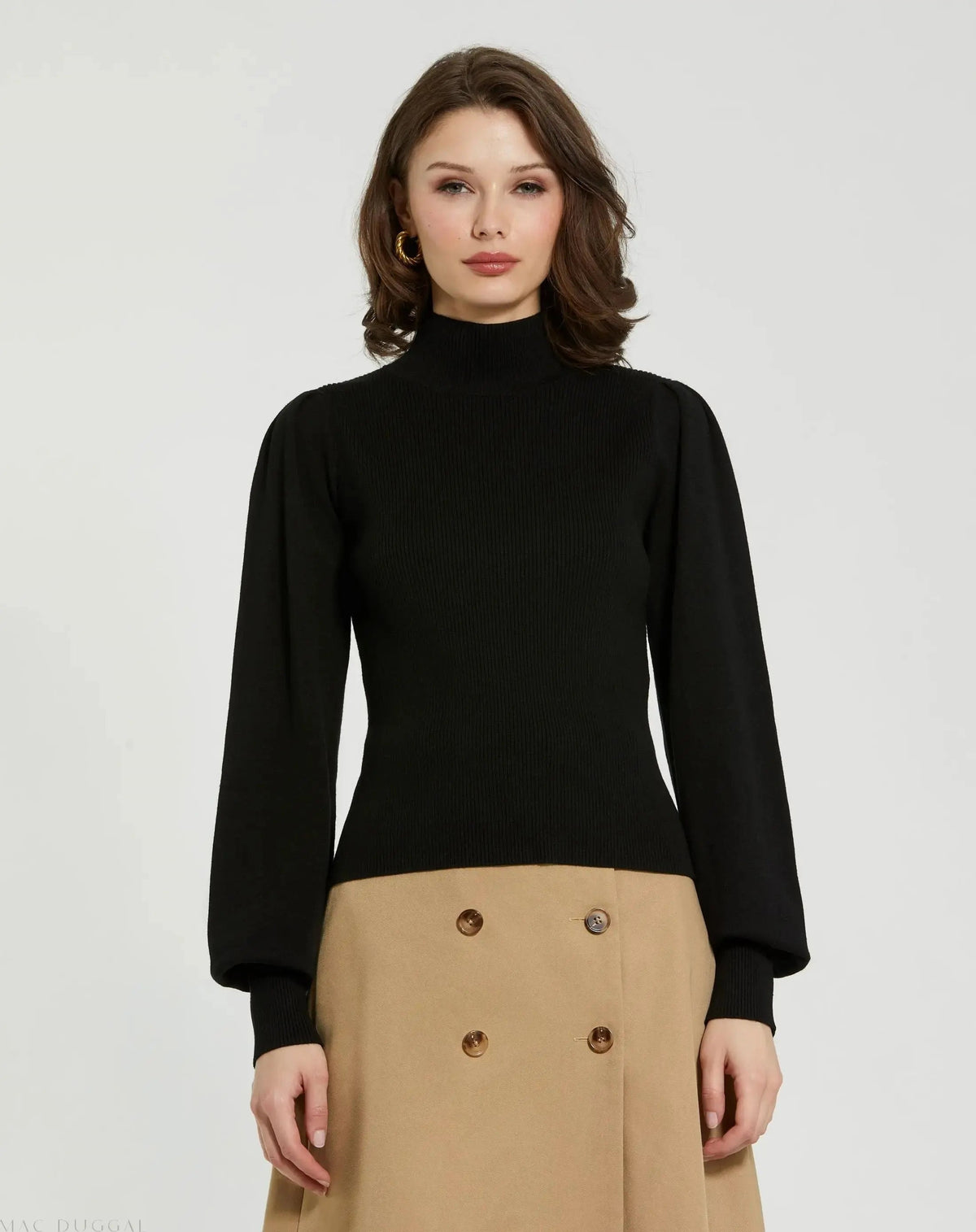 Women's Black Ribbed Knit Balloon Sleeve Turtle Neck Sweater FINAL SALE