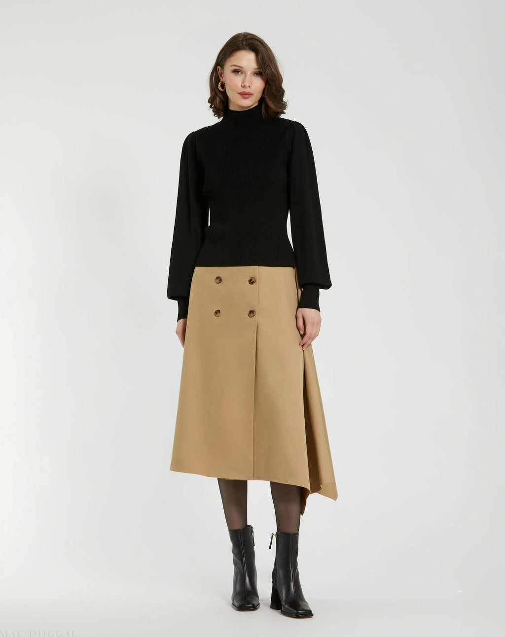 Women's Black Ribbed Knit Balloon Sleeve Turtle Neck Sweater FINAL SALE