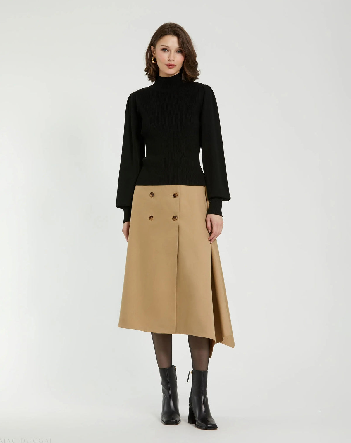 Women's Black Ribbed Knit Balloon Sleeve Turtle Neck Sweater FINAL SALE