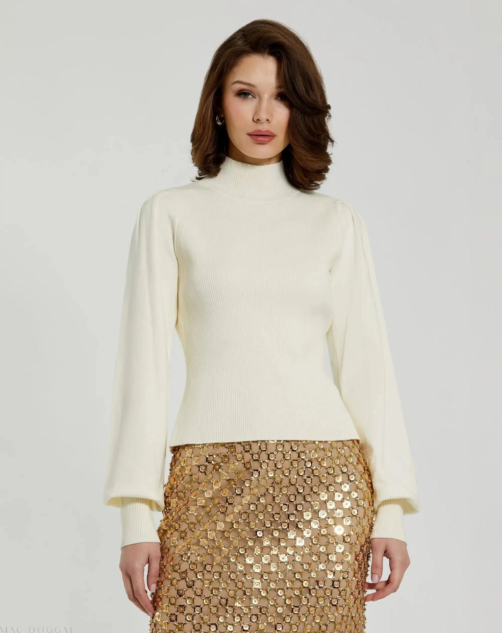 Women's White Ribbed Knit Balloon Sleeve Turtle Neck Sweater FINAL SALE