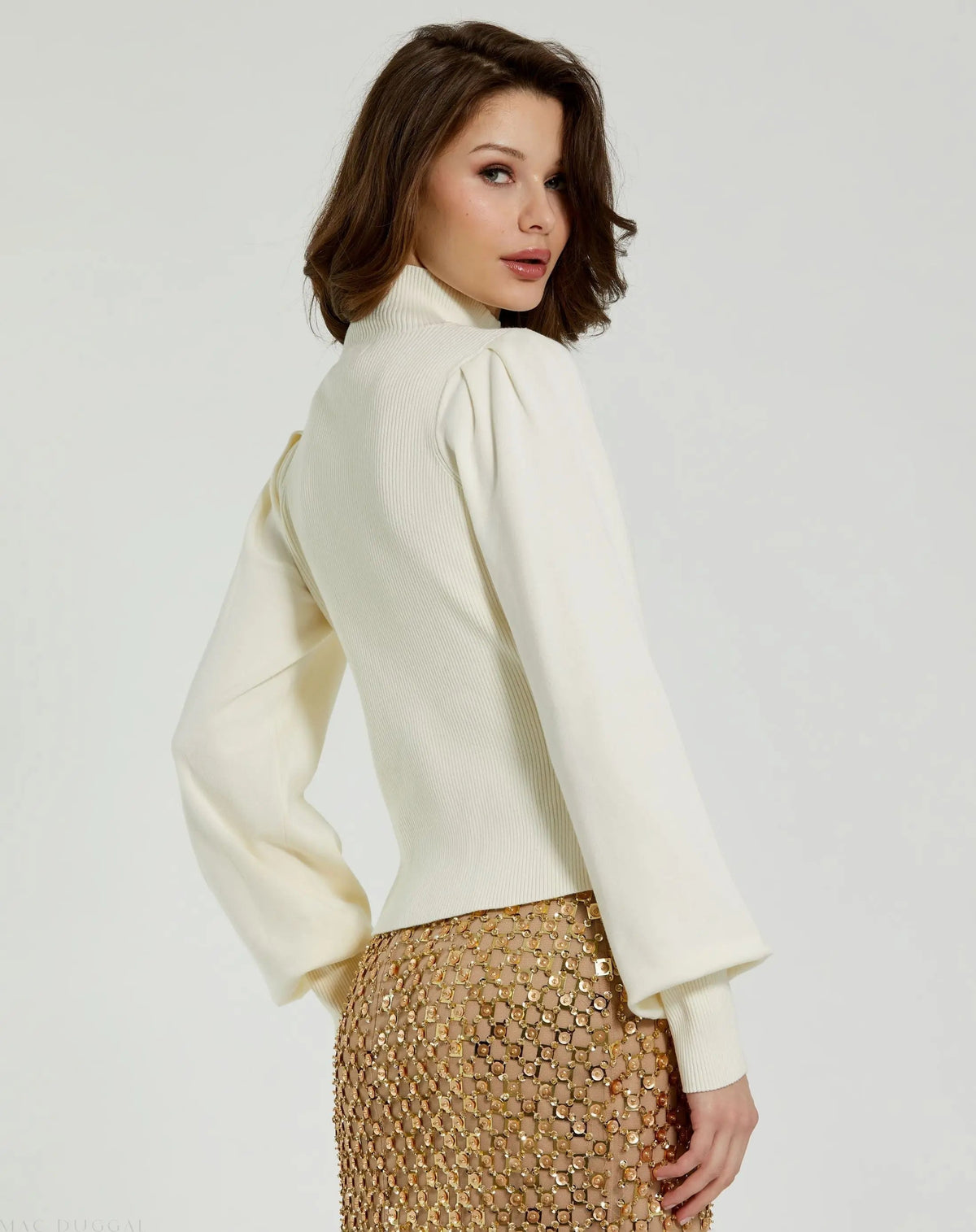 Women's White Ribbed Knit Balloon Sleeve Turtle Neck Sweater FINAL SALE