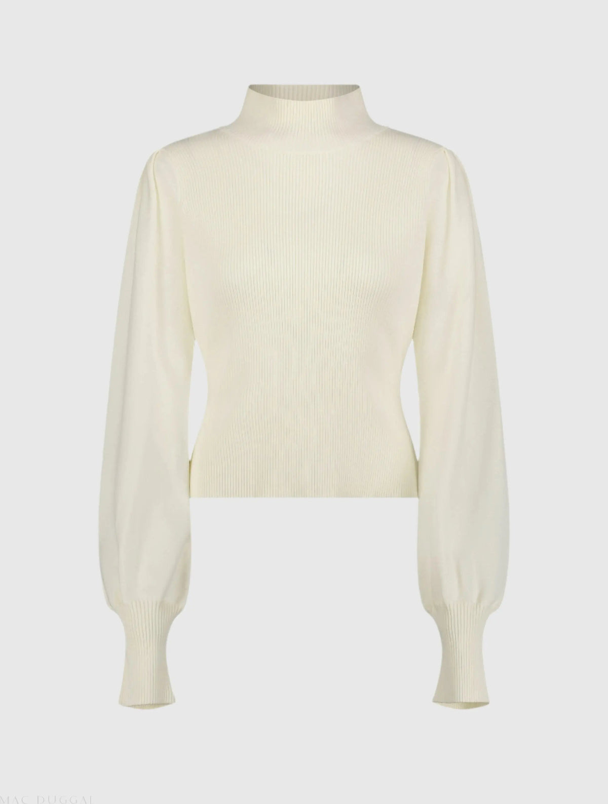 Women's White Ribbed Knit Balloon Sleeve Turtle Neck Sweater FINAL SALE