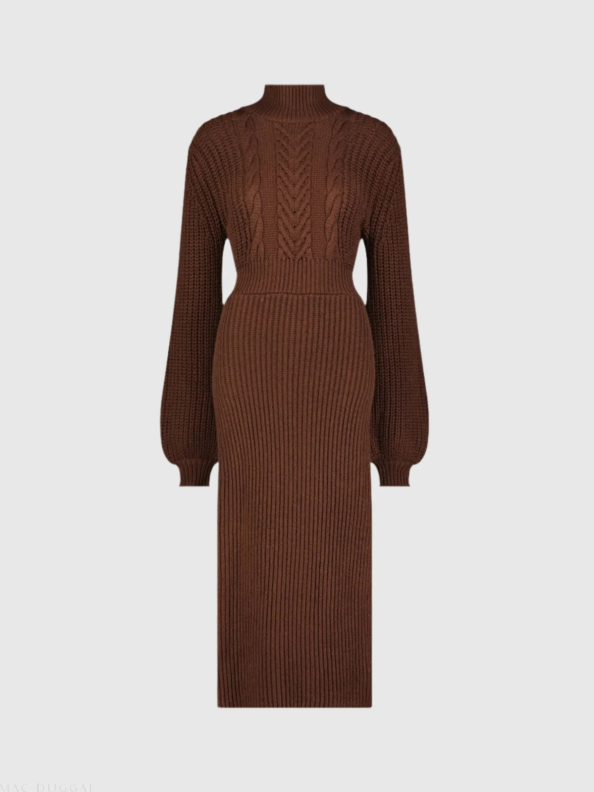 Women's Chocolate Long Sleeve Turtleneck Knit Midi Dress