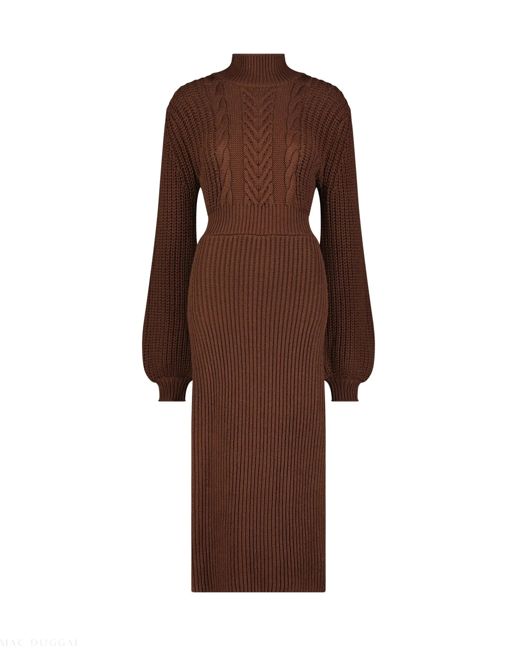 Women's Chocolate Long Sleeve Turtleneck Knit Midi Dress