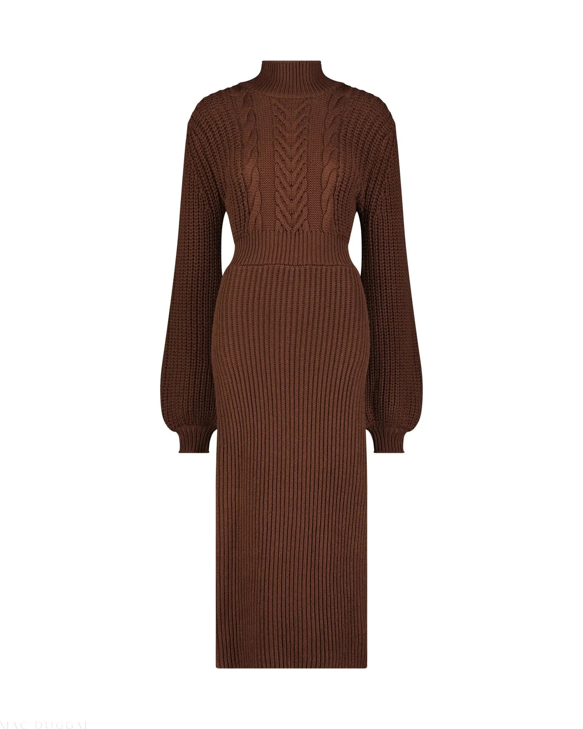 Women's Chocolate Long Sleeve Turtleneck Knit Midi Dress