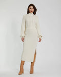 Women's Ecru Long Sleeve Turtleneck Knit Midi Dress