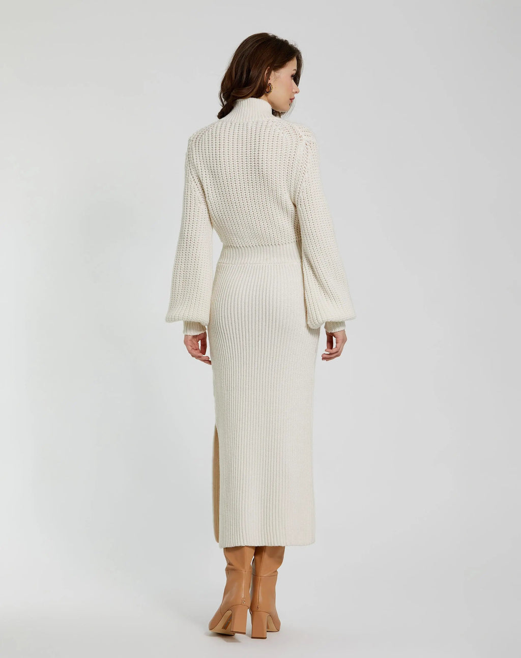 Women's Ecru Long Sleeve Turtleneck Knit Midi Dress