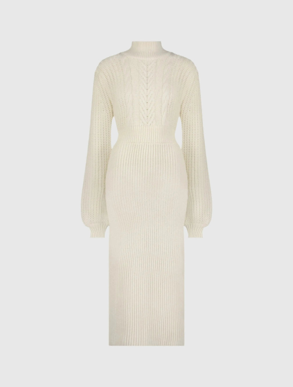 Women's Ecru Long Sleeve Turtleneck Knit Midi Dress