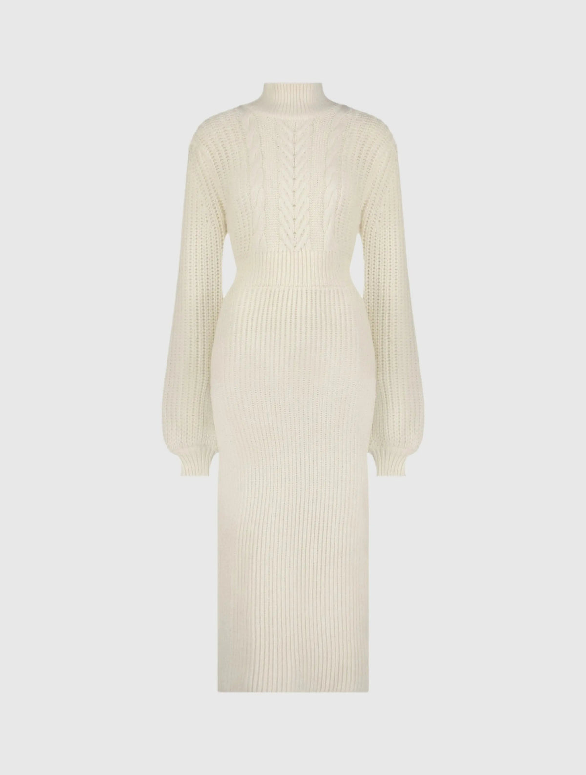 Women's Ecru Long Sleeve Turtleneck Knit Midi Dress