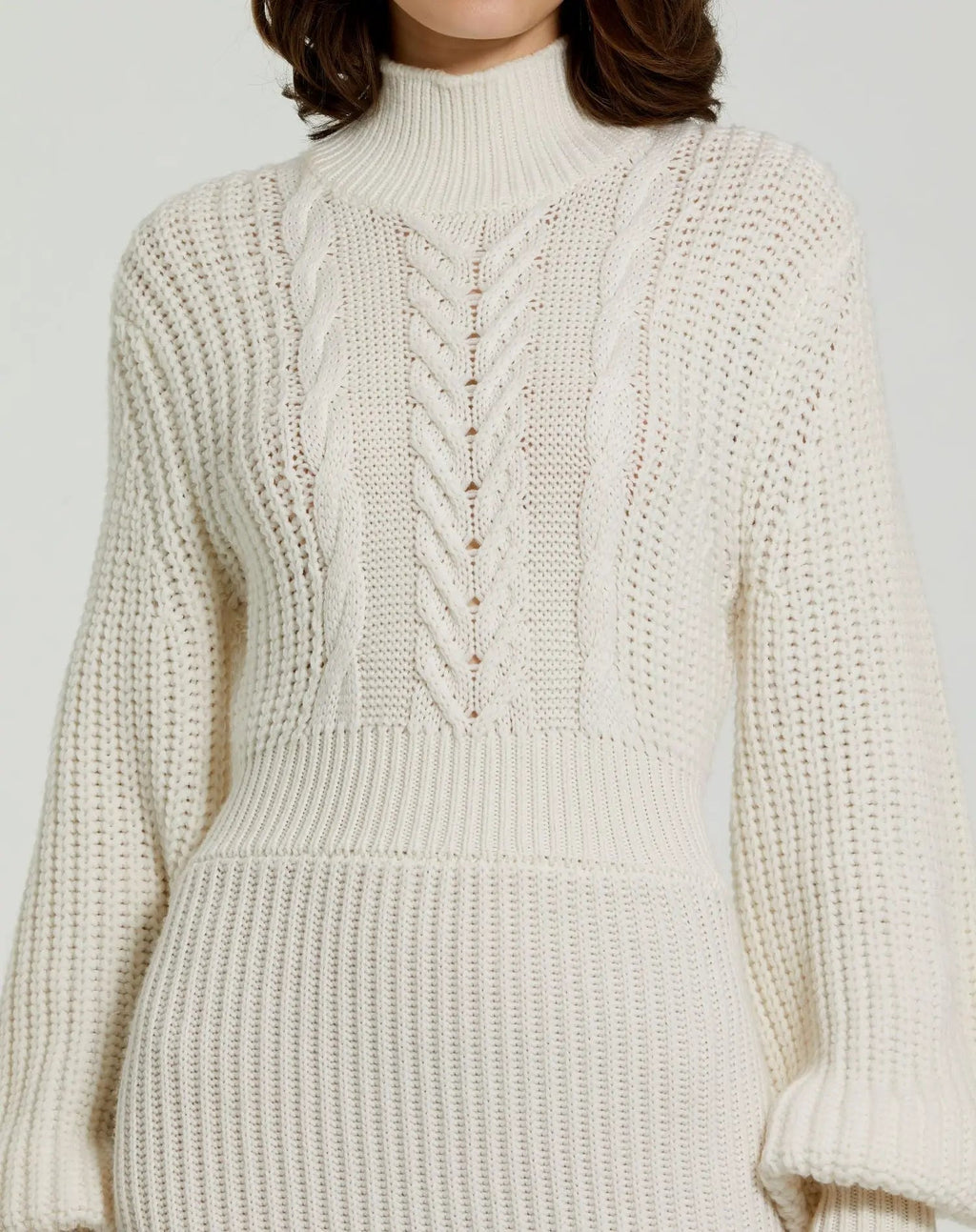 Women's Ecru Long Sleeve Turtleneck Knit Midi Dress