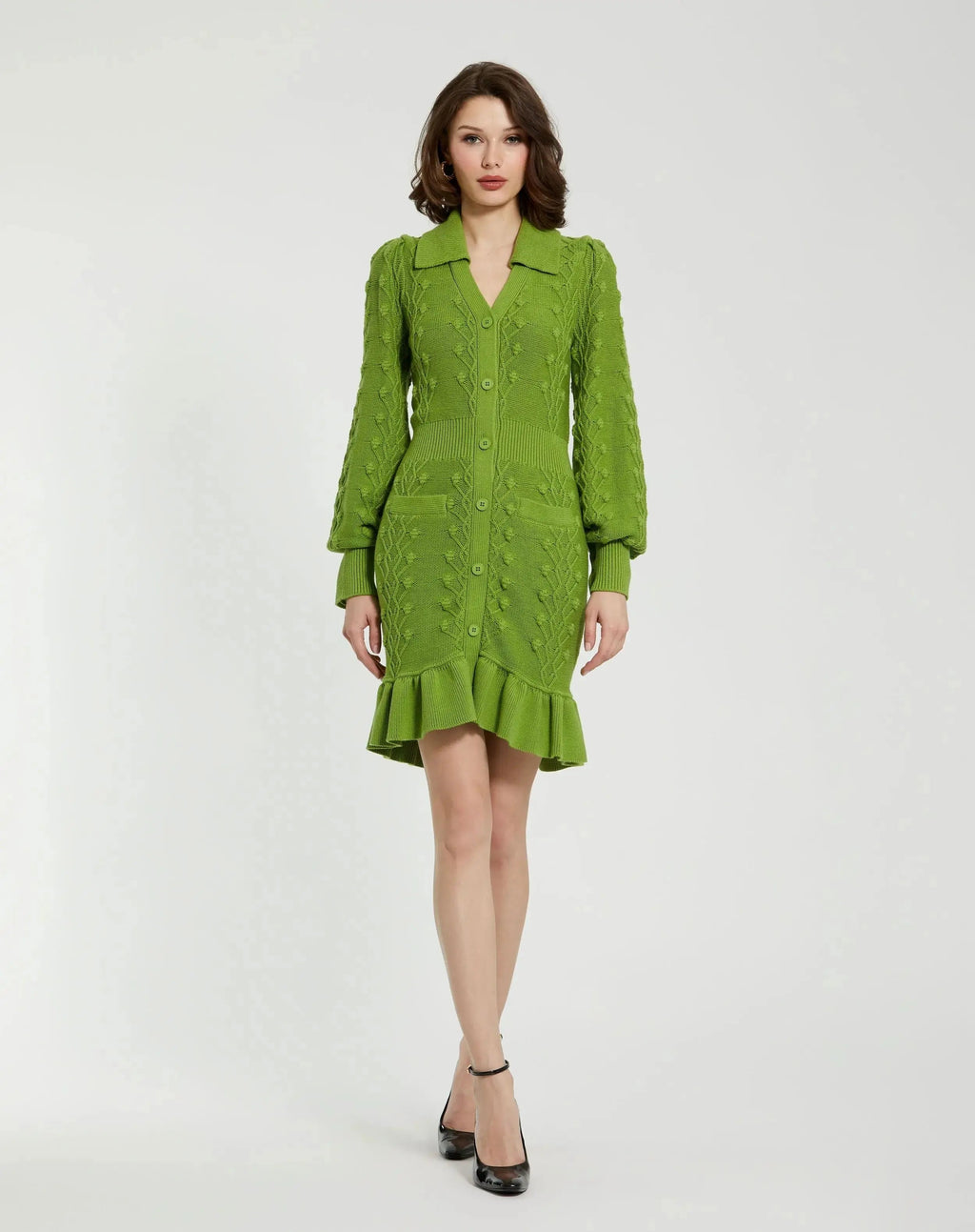 Women's Green Dress - Green Ruffle Knit