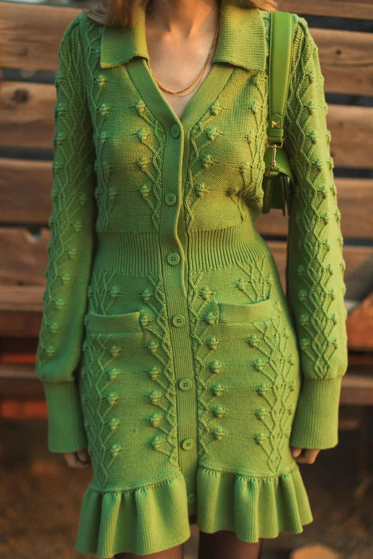 Women's Green Dress - Green Ruffle Knit