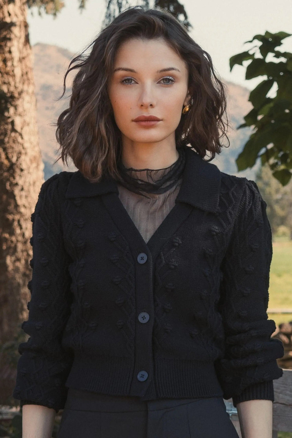 Women's Black Cropped Bobble Cable Knit Button Up Cardigan Sweater