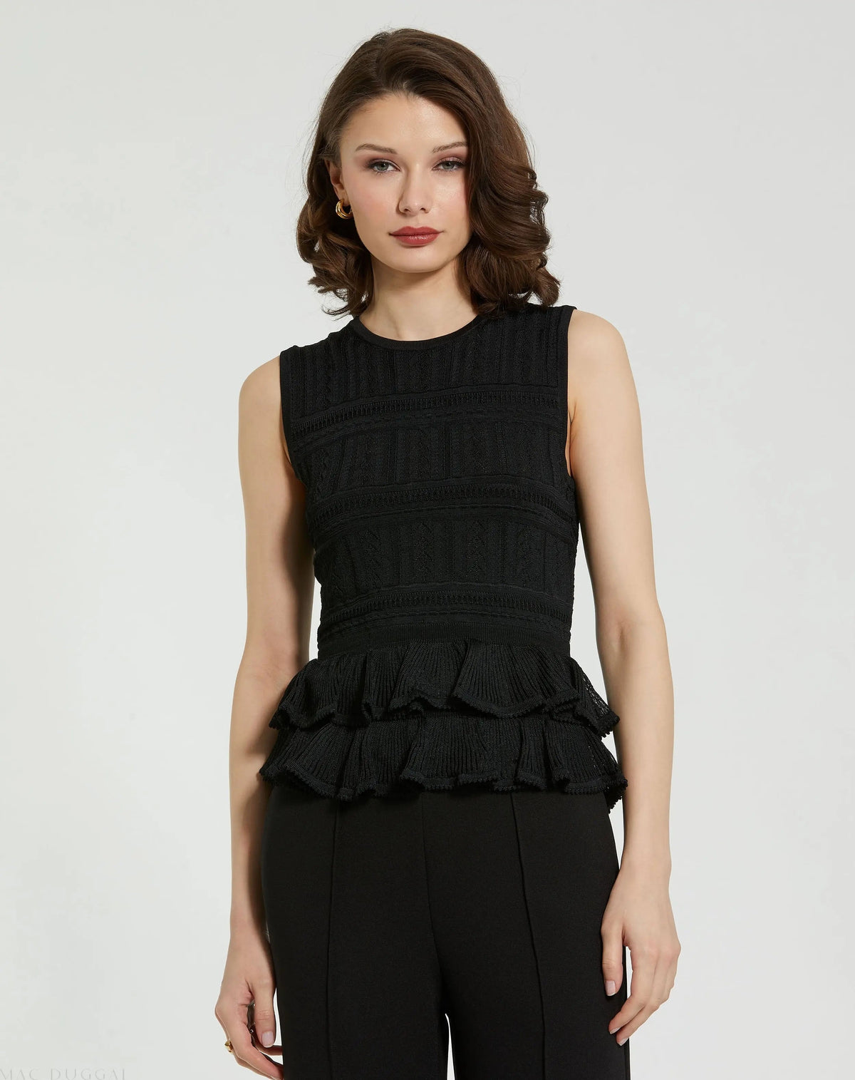 Women's Black Sleeveless High Neck Knit Top With Ruffle Hem FINAL SALE