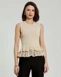 Women's Beige Sleeveless High Neck Knit Top With Ruffle Hem