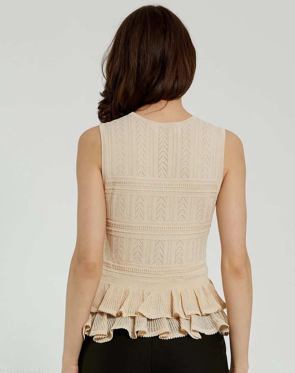 Women's Beige Sleeveless High Neck Knit Top With Ruffle Hem