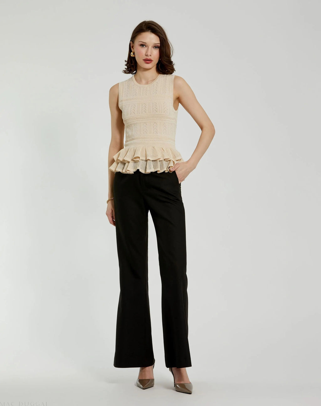 Women's Beige Sleeveless High Neck Knit Top With Ruffle Hem