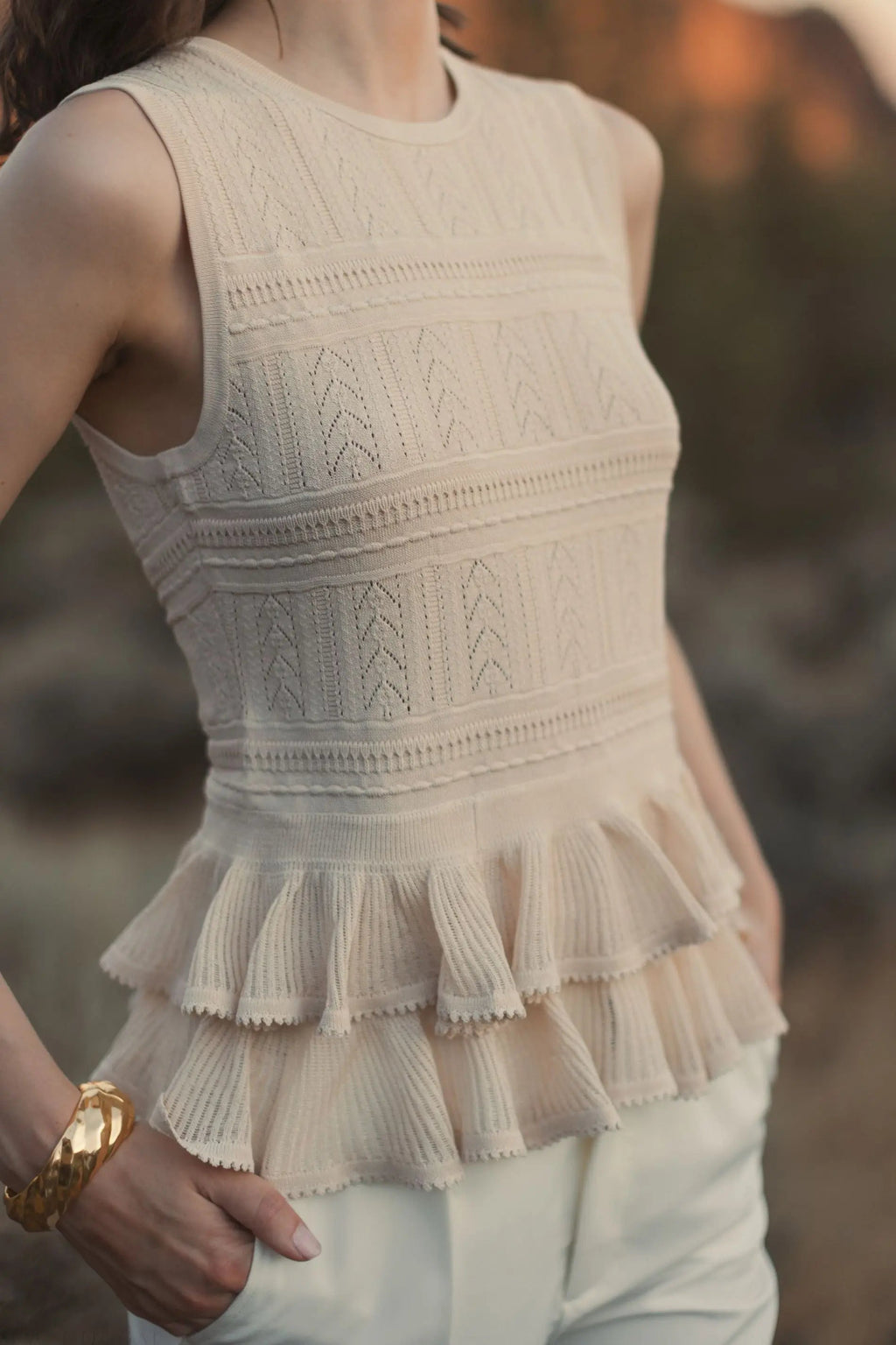 Women's Beige Sleeveless High Neck Knit Top With Ruffle Hem