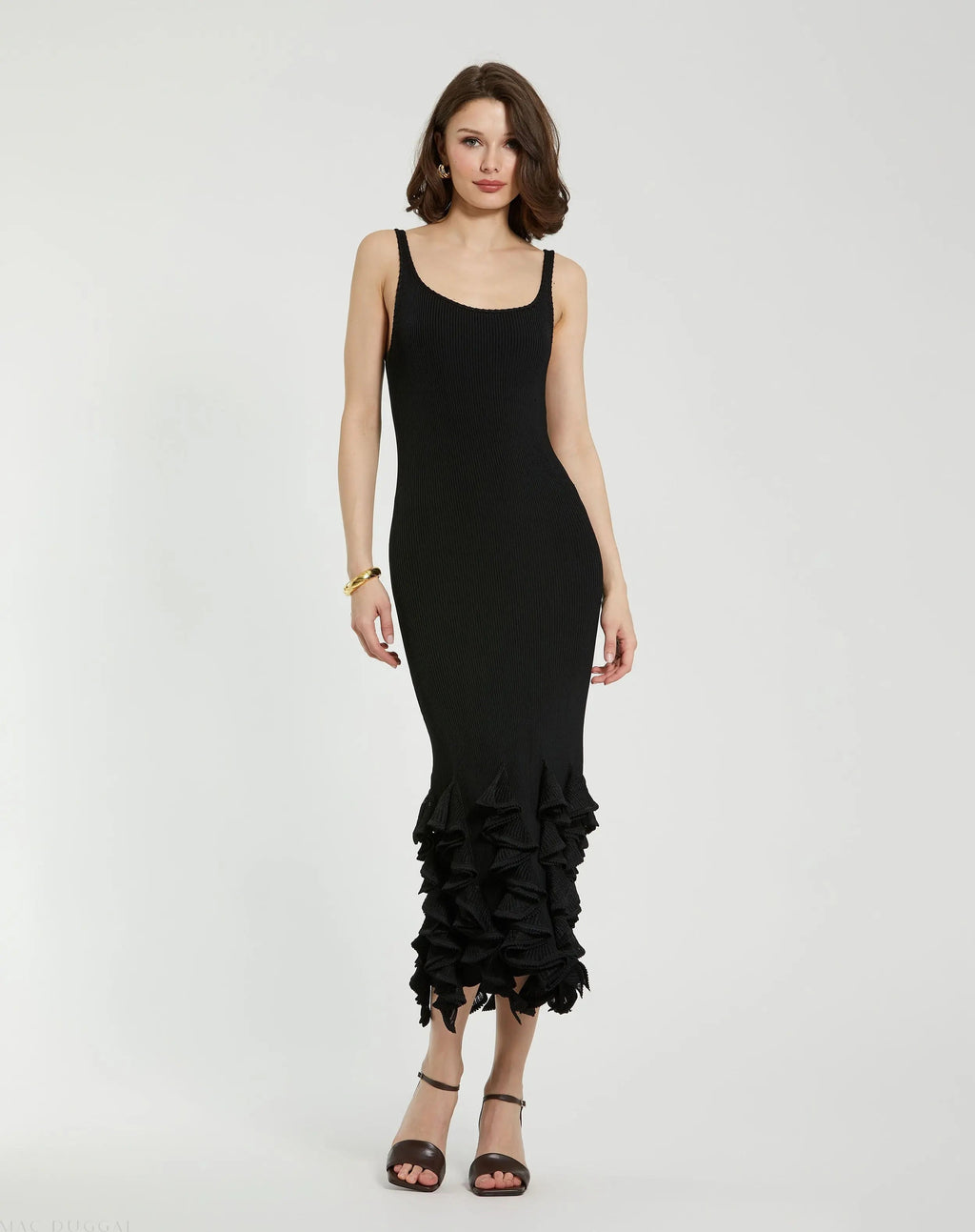 Women's Black Sleeveless Rib Knit Midi Dress with Ruffle Hem