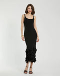 Women's Black Sleeveless Rib Knit Midi Dress with Ruffle Hem