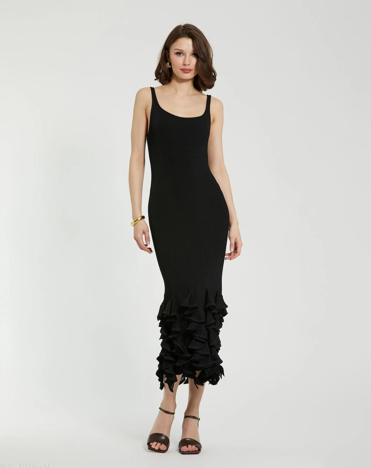 Women's Black Sleeveless Rib Knit Midi Dress with Ruffle Hem