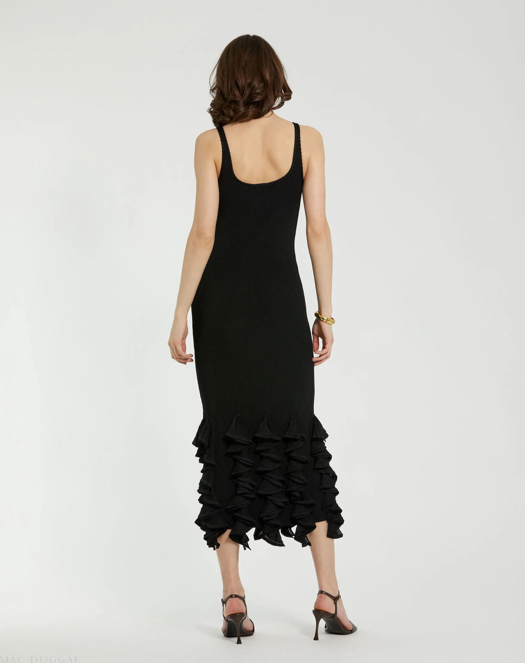 Women's Black Sleeveless Rib Knit Midi Dress with Ruffle Hem