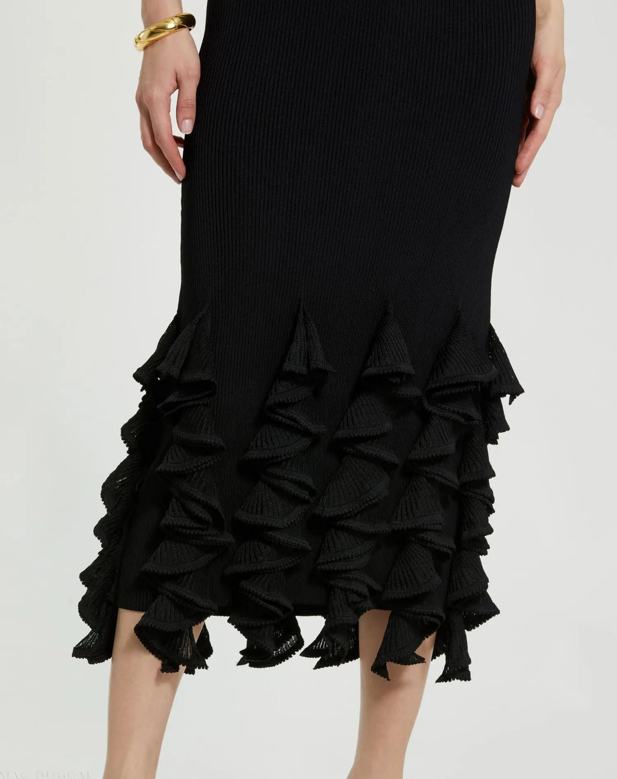 Women's Black Sleeveless Rib Knit Midi Dress with Ruffle Hem