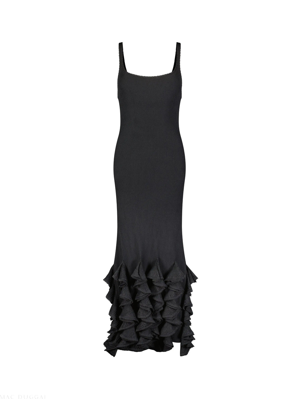 Women's Black Sleeveless Rib Knit Midi Dress with Ruffle Hem