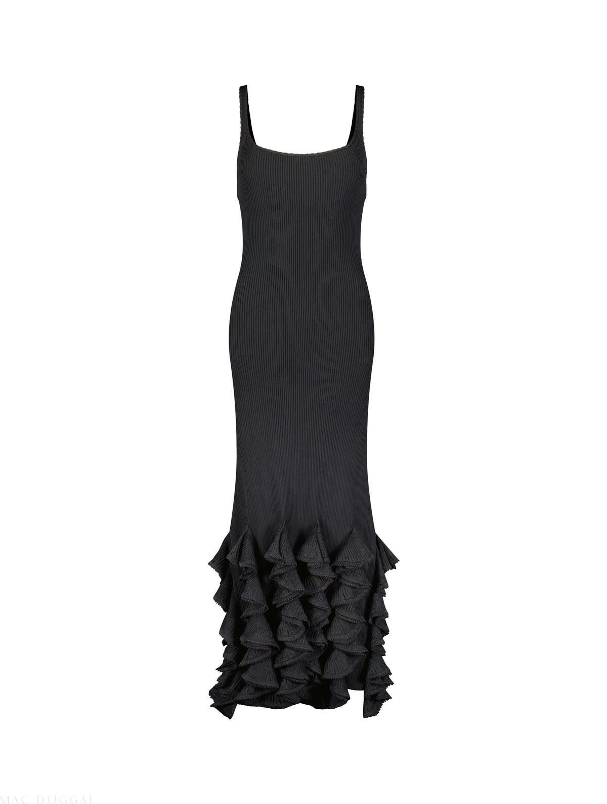 Women's Black Sleeveless Rib Knit Midi Dress with Ruffle Hem