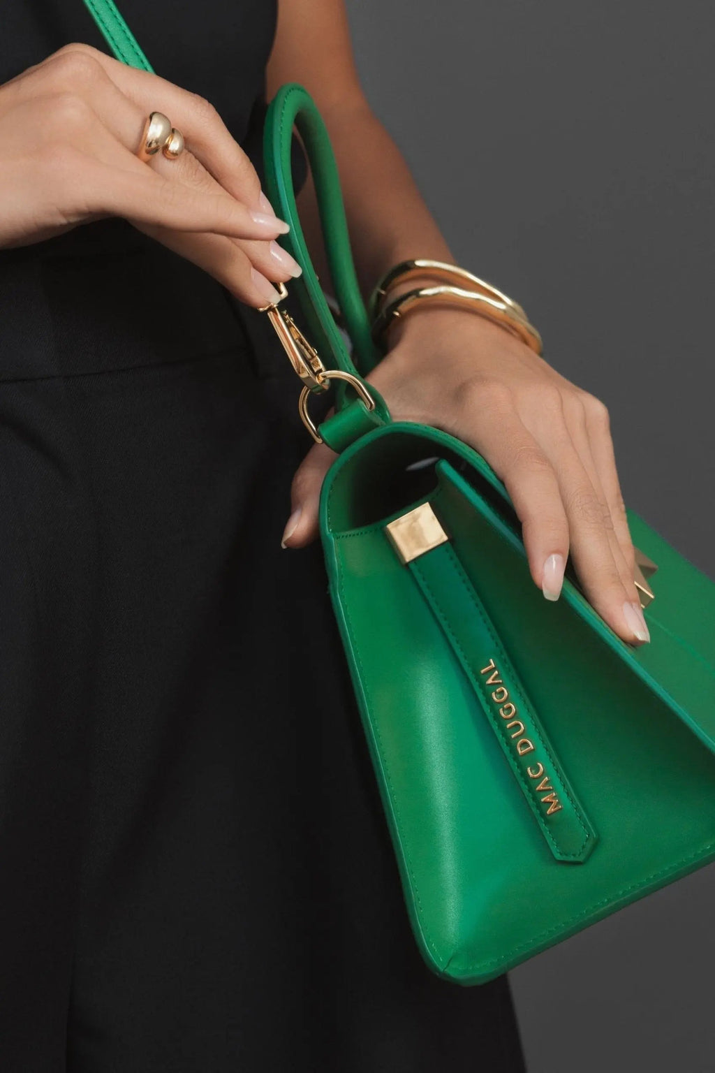 Green Angular Small Leather Handbag With Gold Hardware