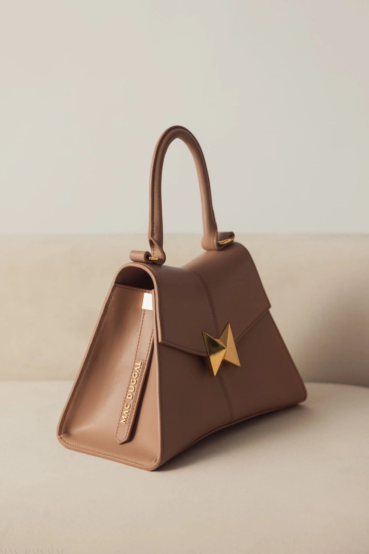 Women's Brown Angular Small Leather Handbag With Gold Hardware