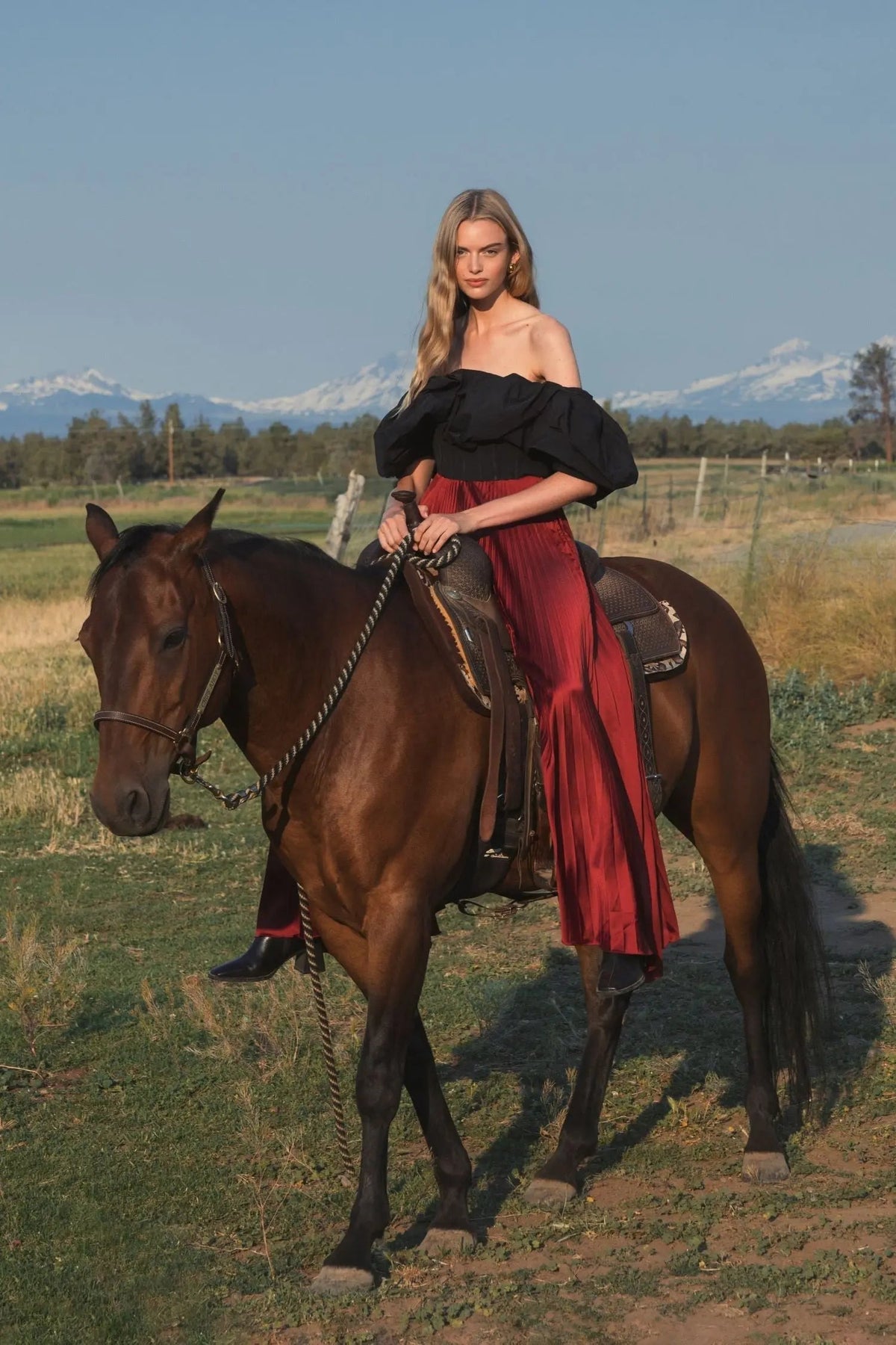Women's Red Pleated Charmeuse Wide Leg Pants