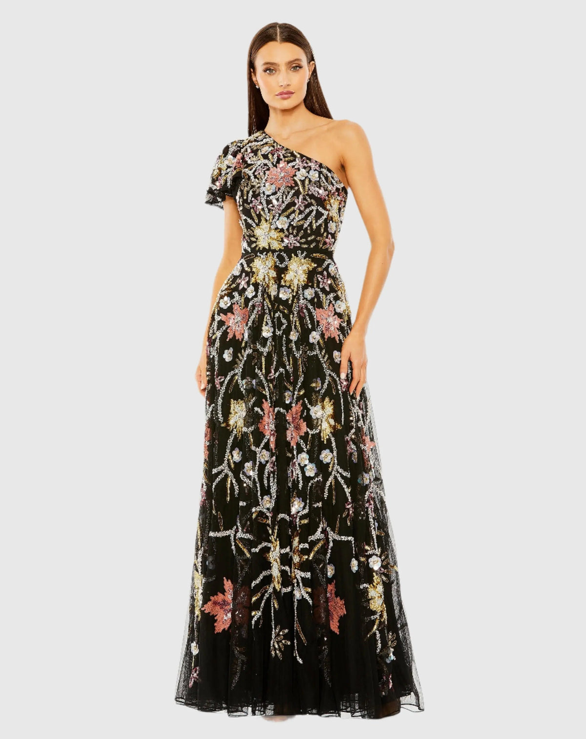 Women's Black Dress Floral One Shoulder - 6134