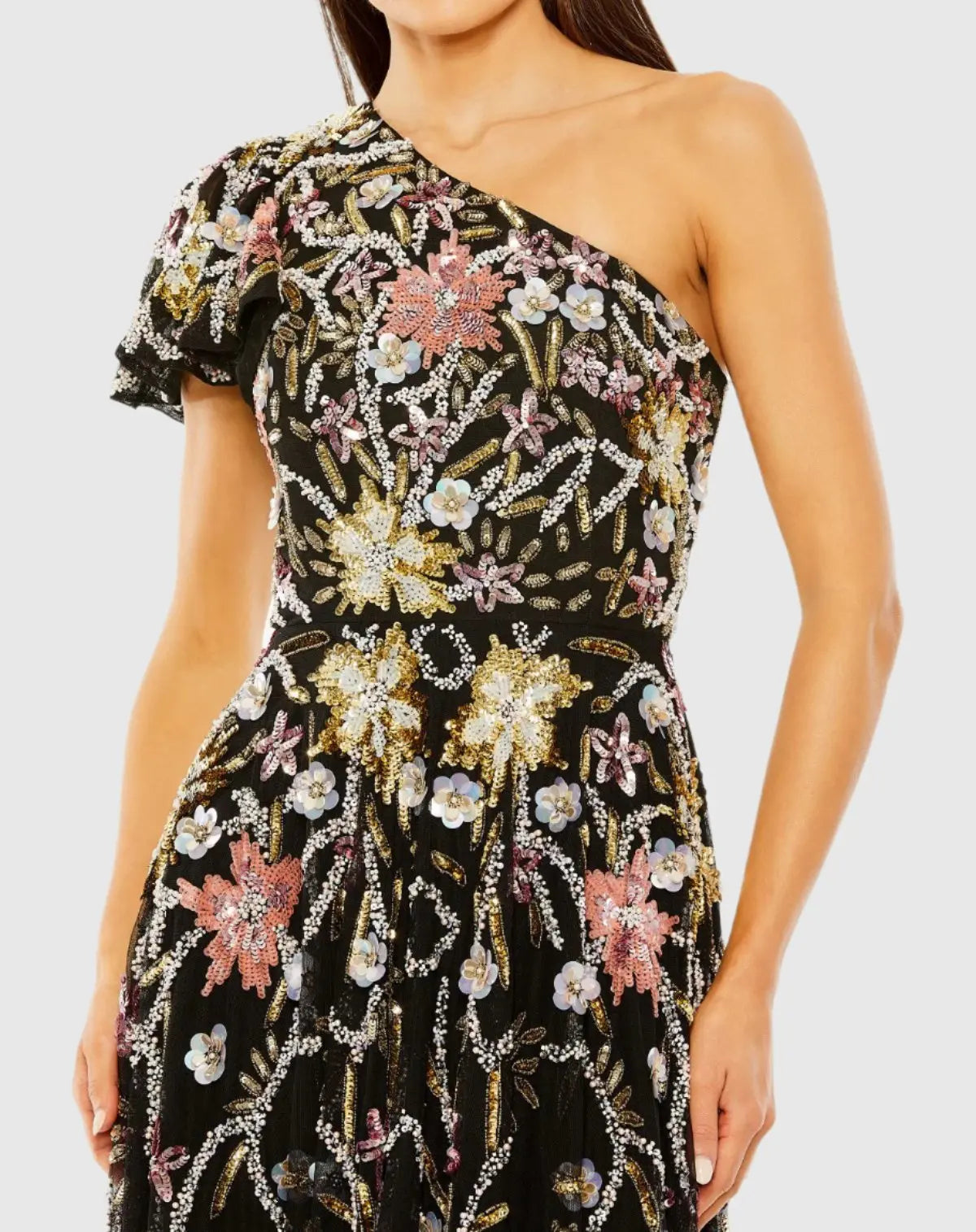 Women's Black Dress Floral One Shoulder - 6134