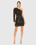 Women's Black Mini Dress One Shoulder - Black Sequin Floral