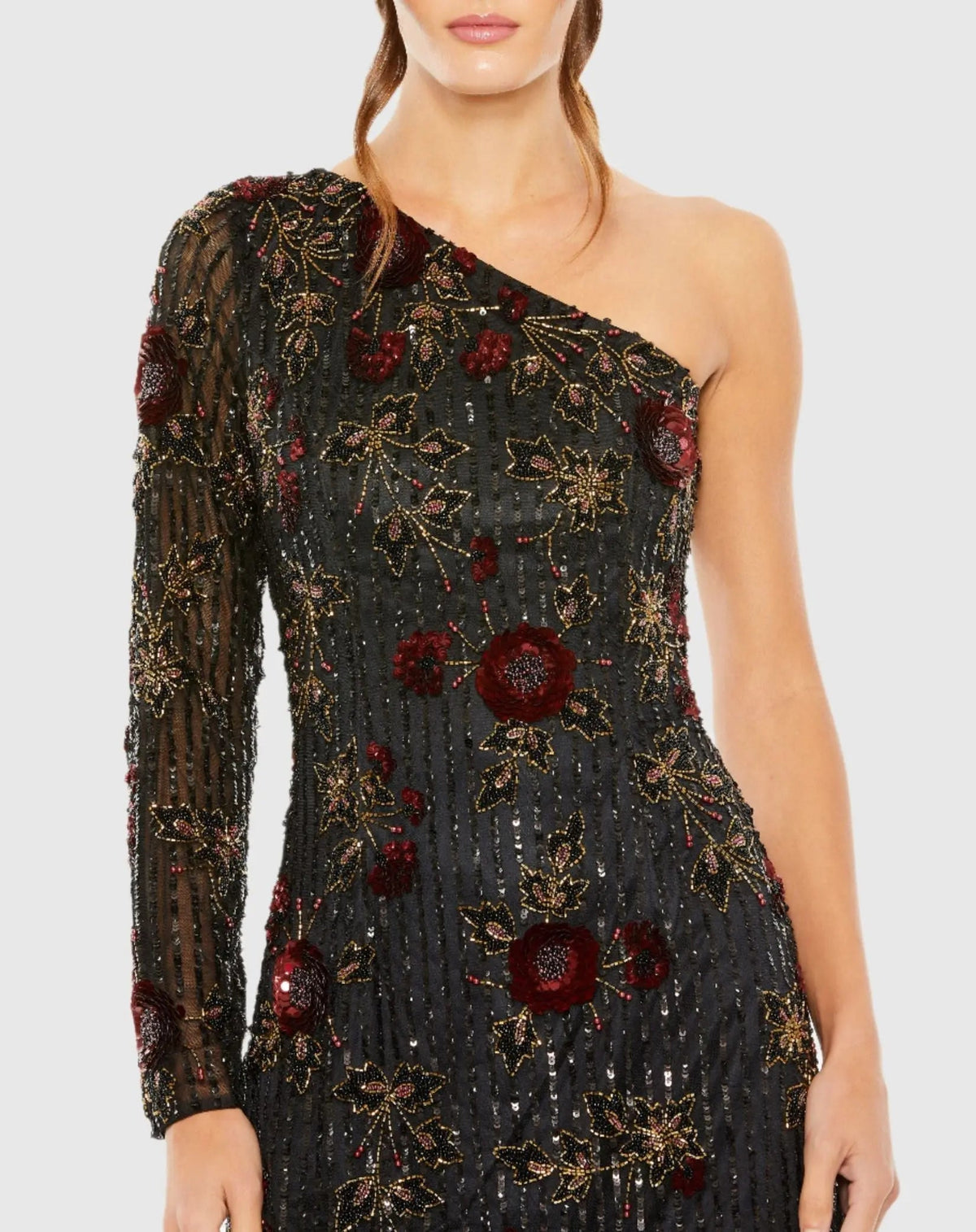 Women's Black Mini Dress One Shoulder - Black Sequin Floral