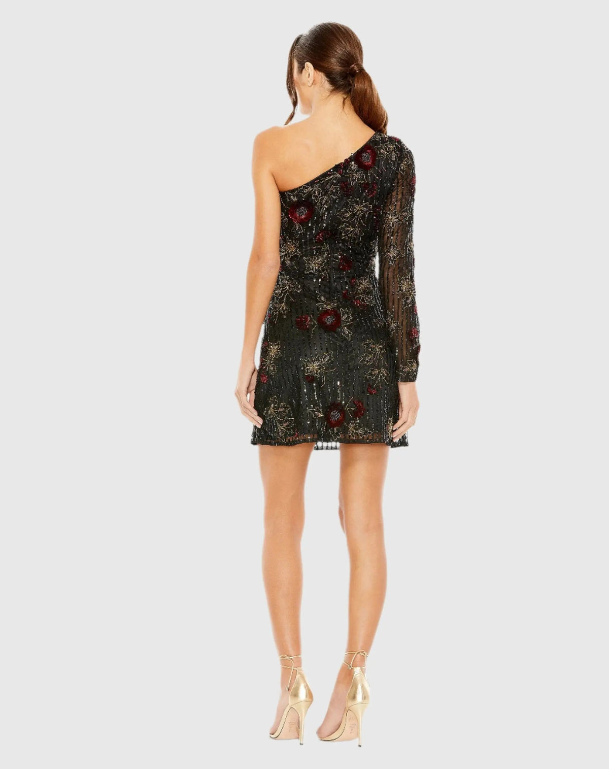 Women's Black Mini Dress One Shoulder - Black Sequin Floral
