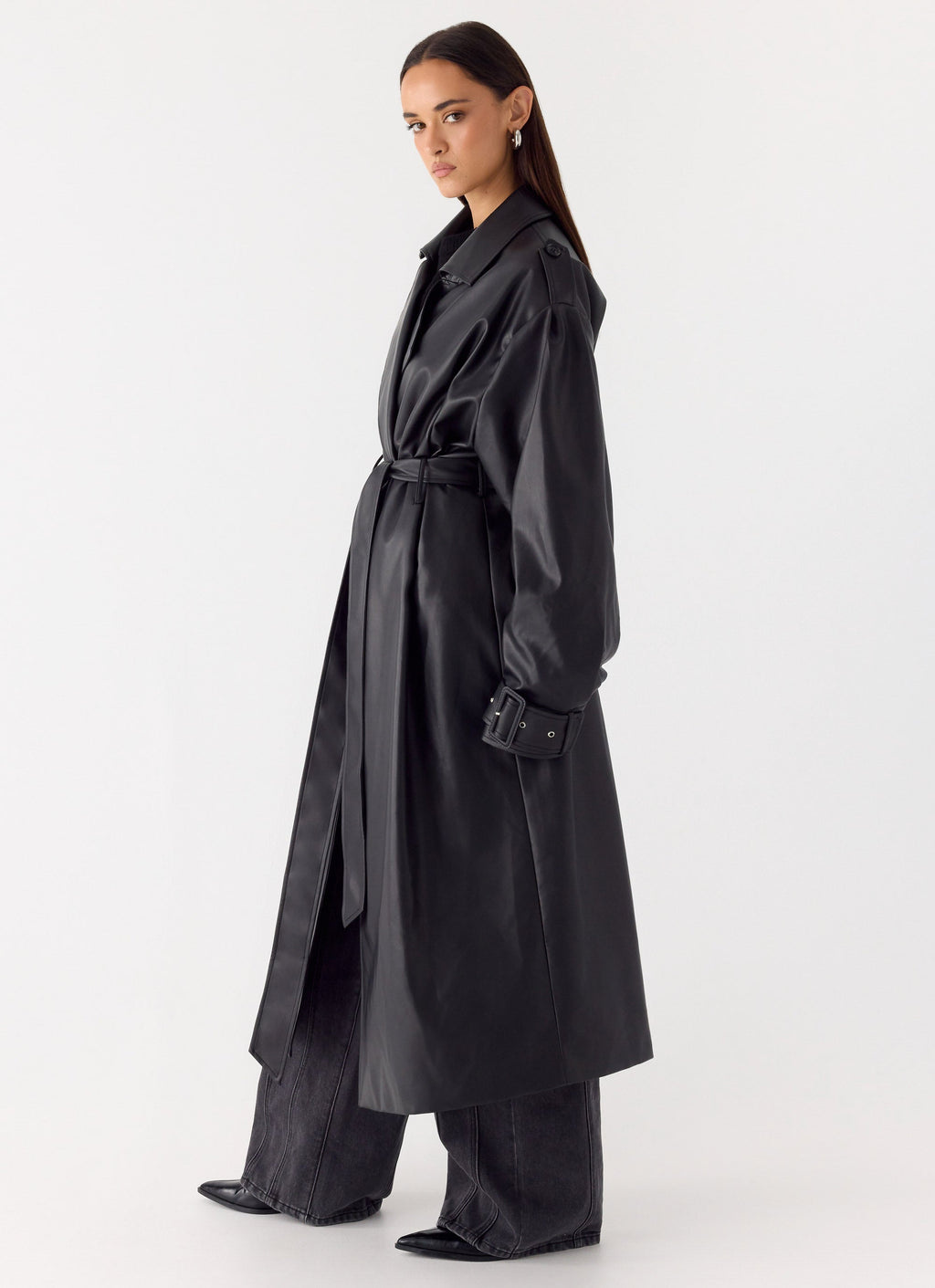 Out On The Town Faux Leather Midi Trench - Black