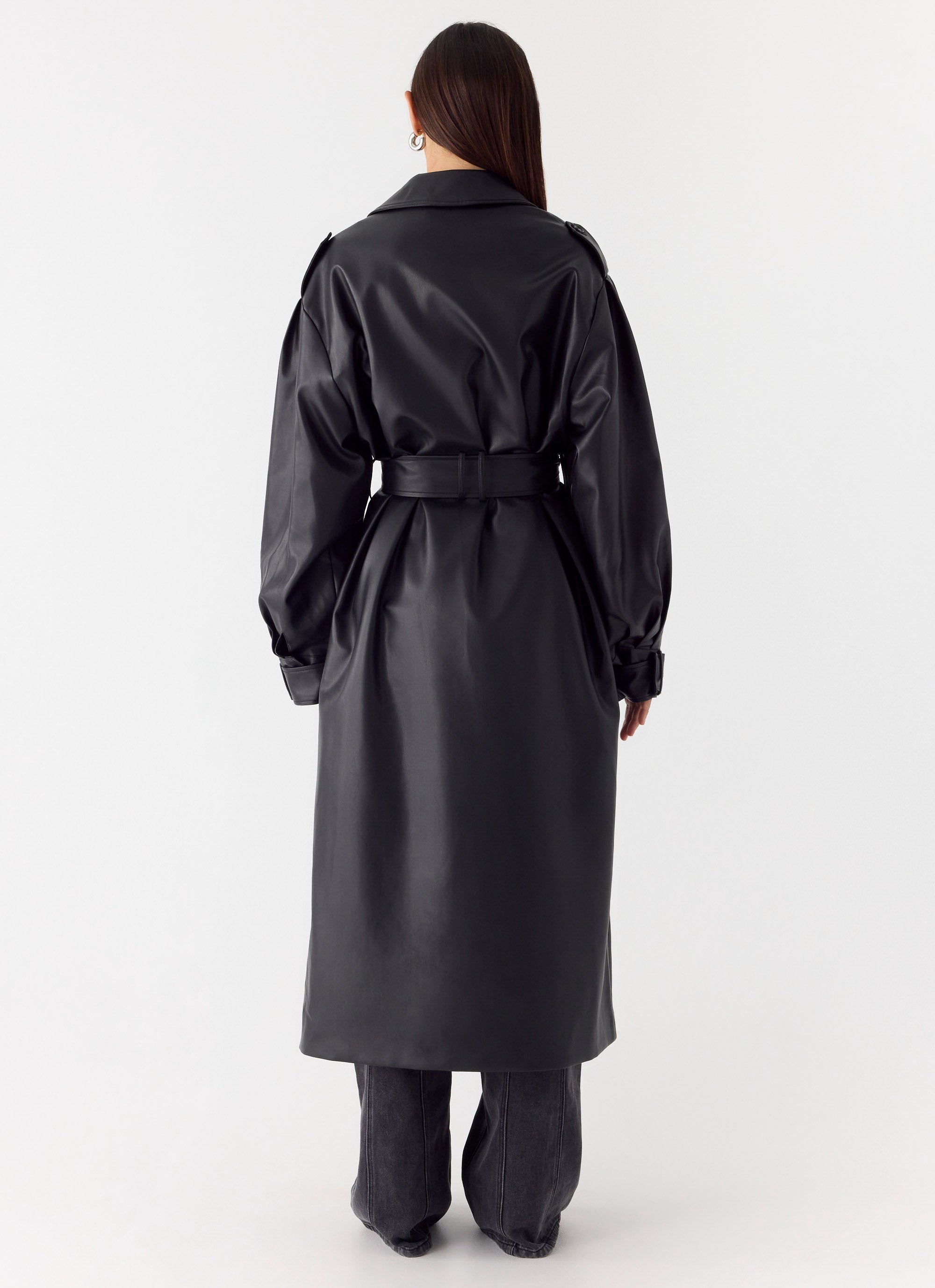 Out On The Town Faux Leather Midi Trench - Black
