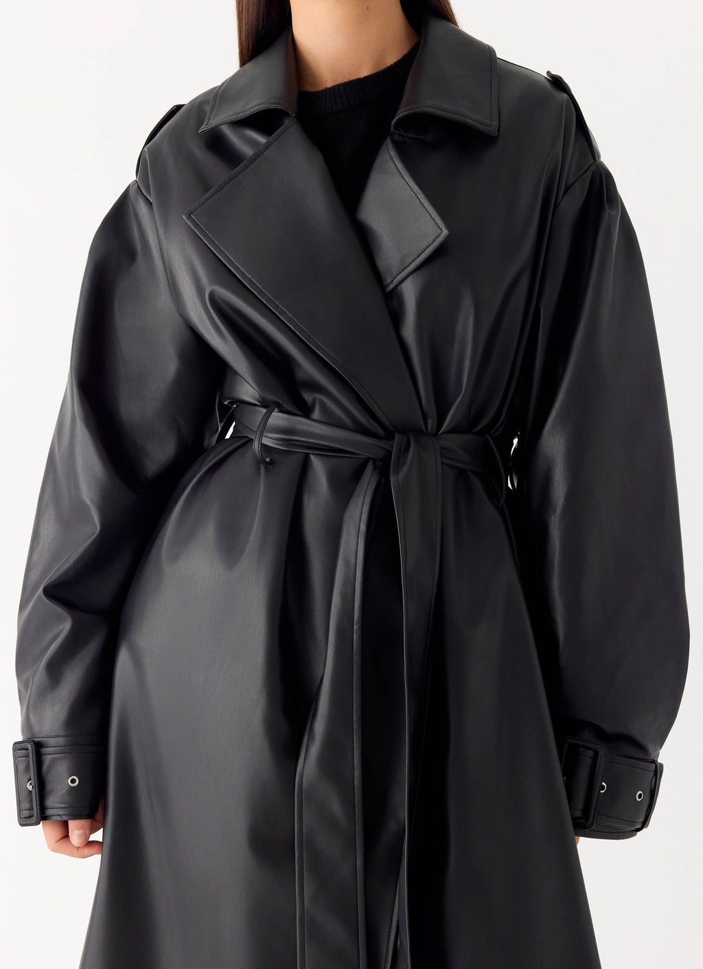 Out On The Town Faux Leather Midi Trench - Black