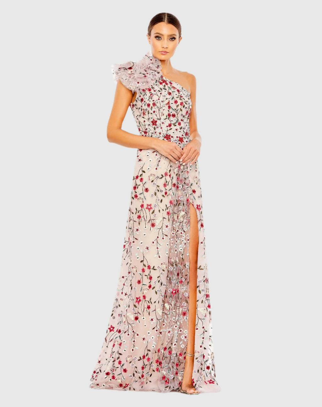 Women's Pink Dress Floral One Shoulder - Pink Ruffle One-Shoulder