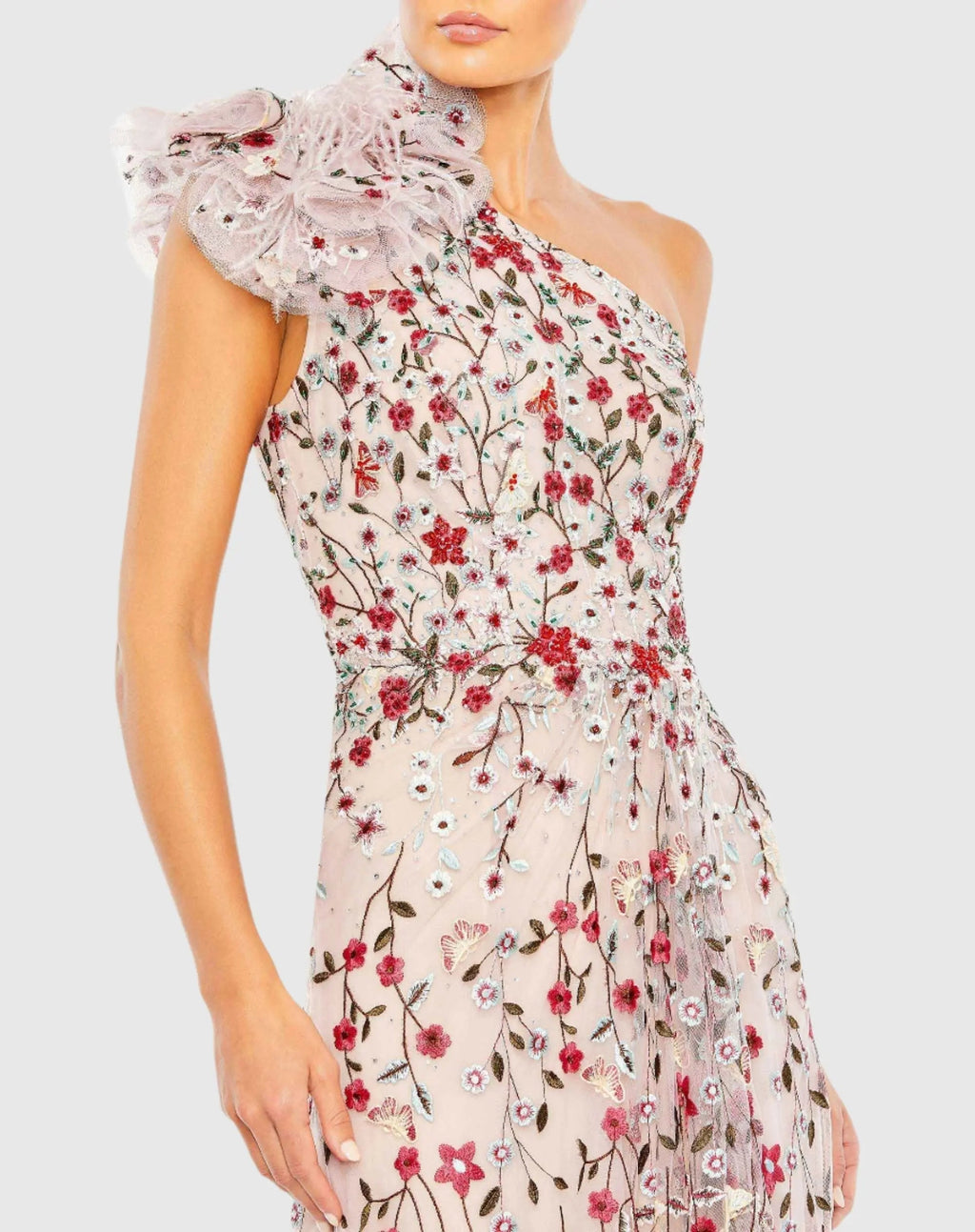 Women's Pink Dress Floral One Shoulder - Pink Ruffle One-Shoulder