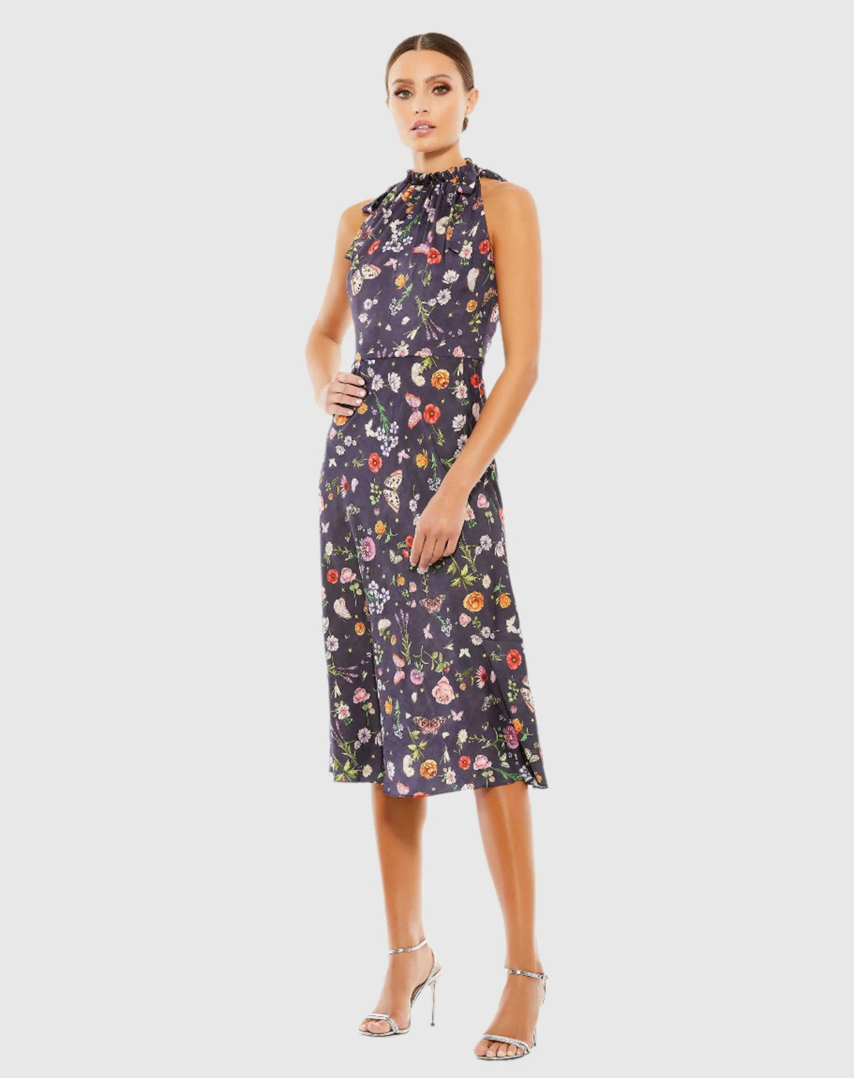 Women's Purple Midi Dress Floral - Purple Satin Ruffle