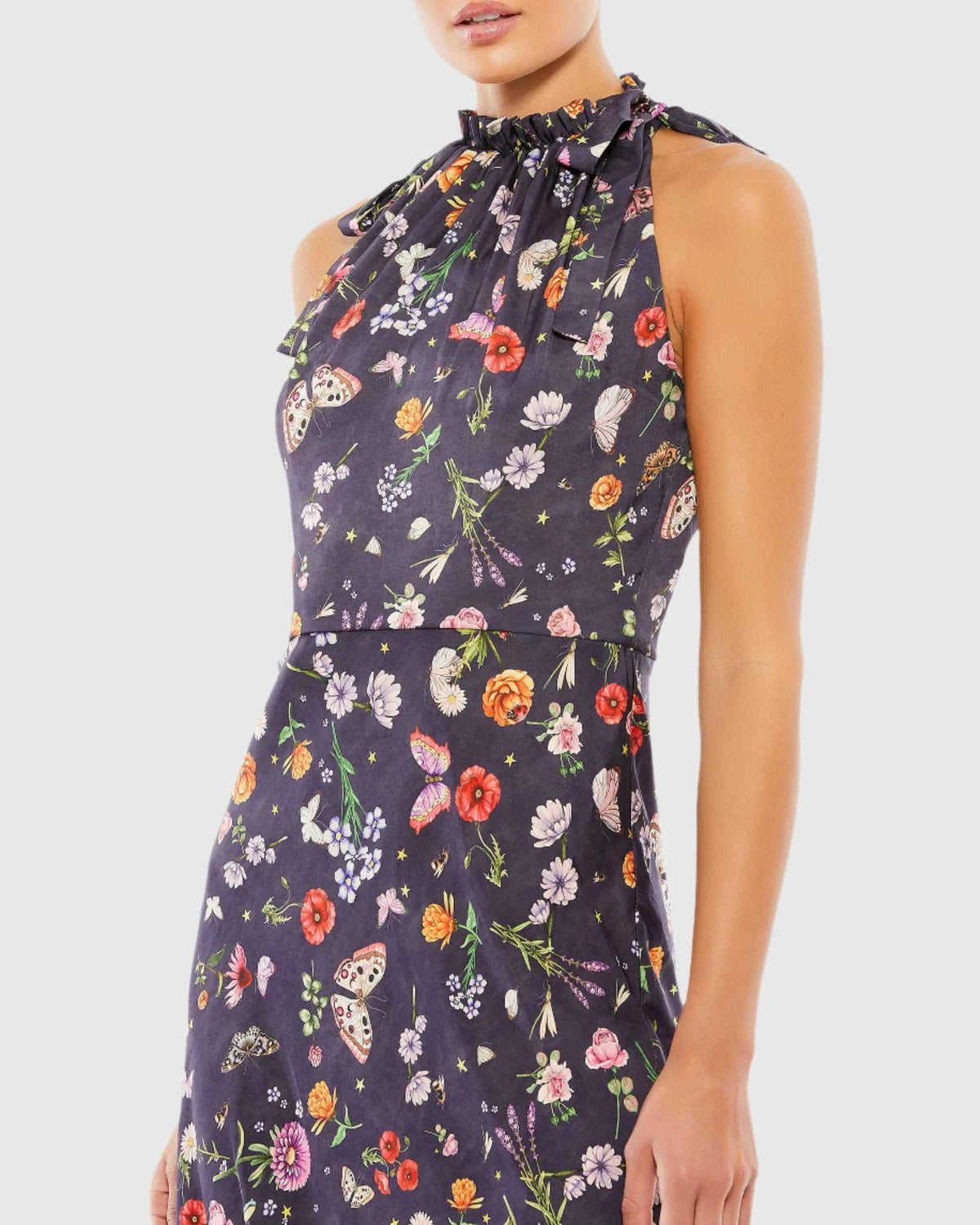 Women's Purple Midi Dress Floral - Purple Satin Ruffle
